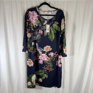 New Jean Pierre Klifa Daphne Dress Women's XXL Blue Floral 3/4 Sleeve Round Neck